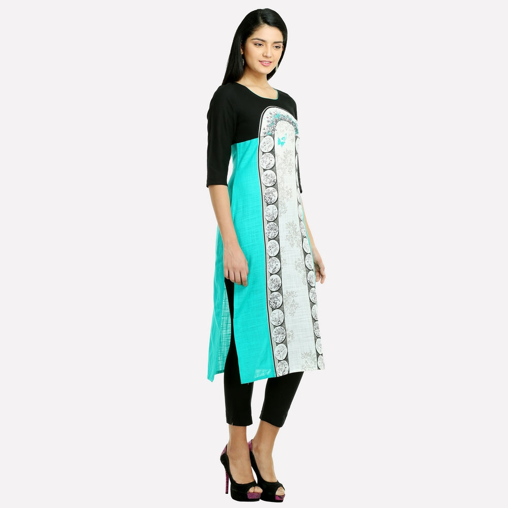 Blue &amp; Black Printed 3/4 Sleeve kurta