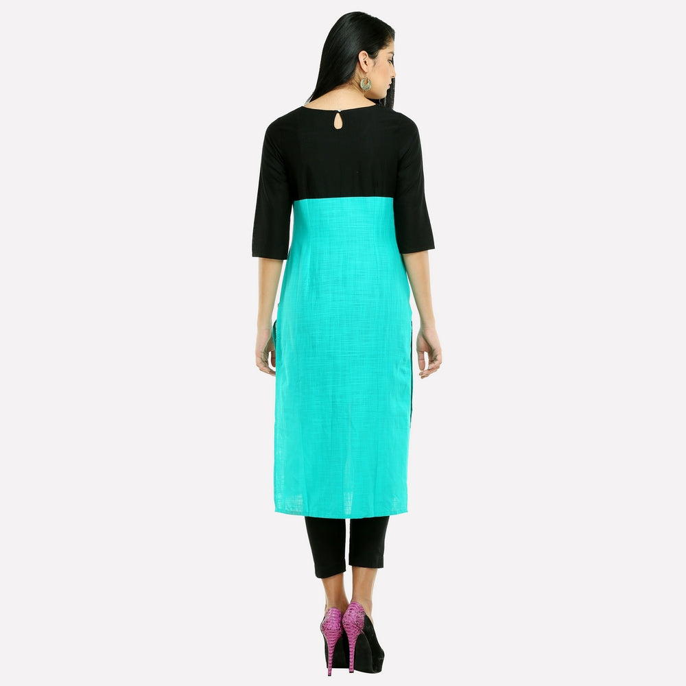 Blue &amp; Black Printed 3/4 Sleeve kurta