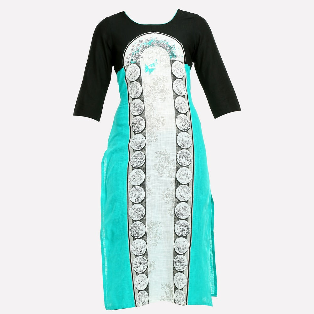 Blue &amp; Black Printed 3/4 Sleeve kurta