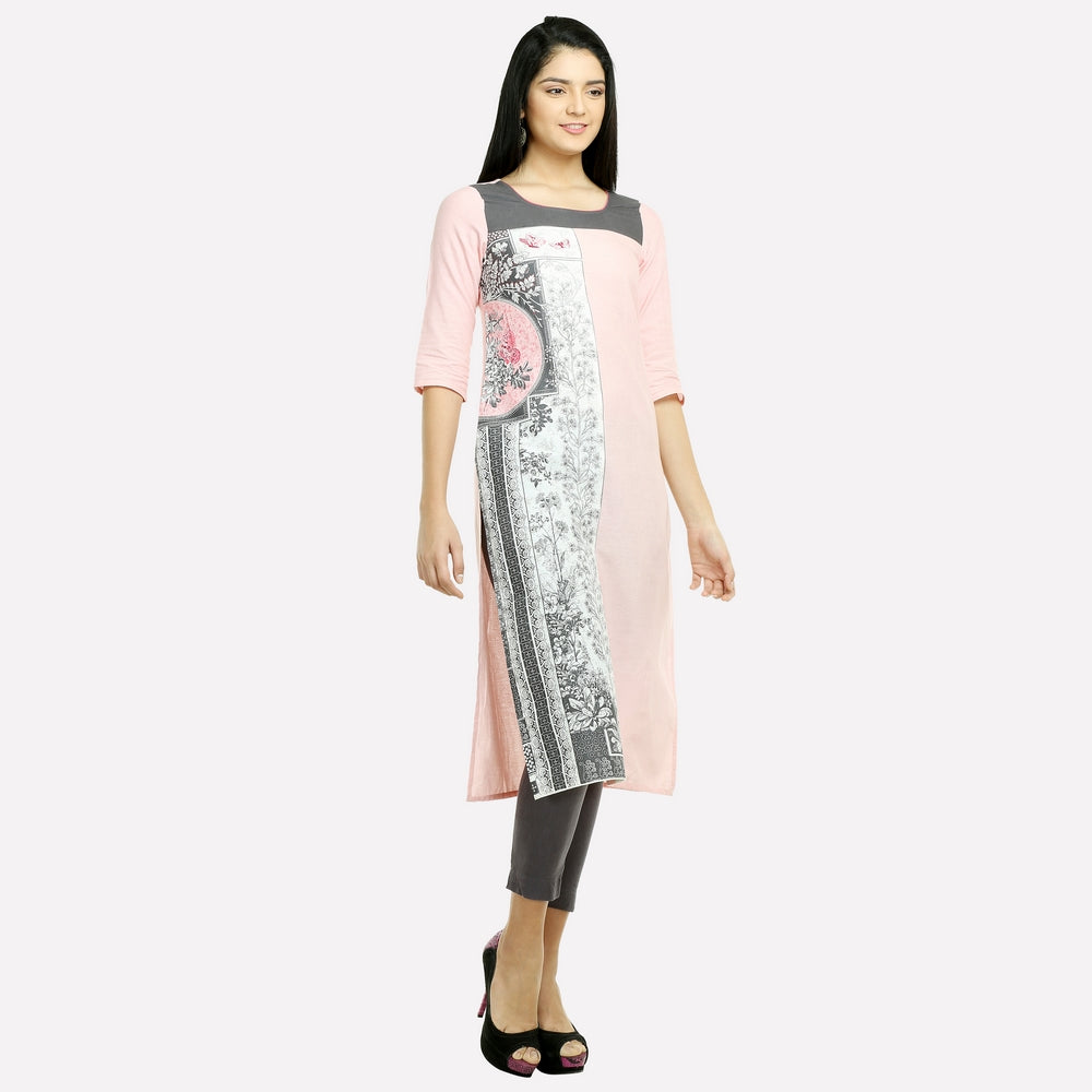 Pink Floral Print 3/4 Sleeve kurta