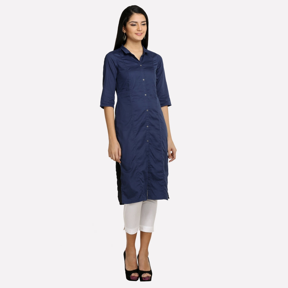 Navy Blue Collar Neck 3/4 Sleeve kurta