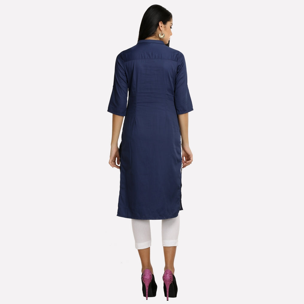 Navy Blue Collar Neck 3/4 Sleeve kurta