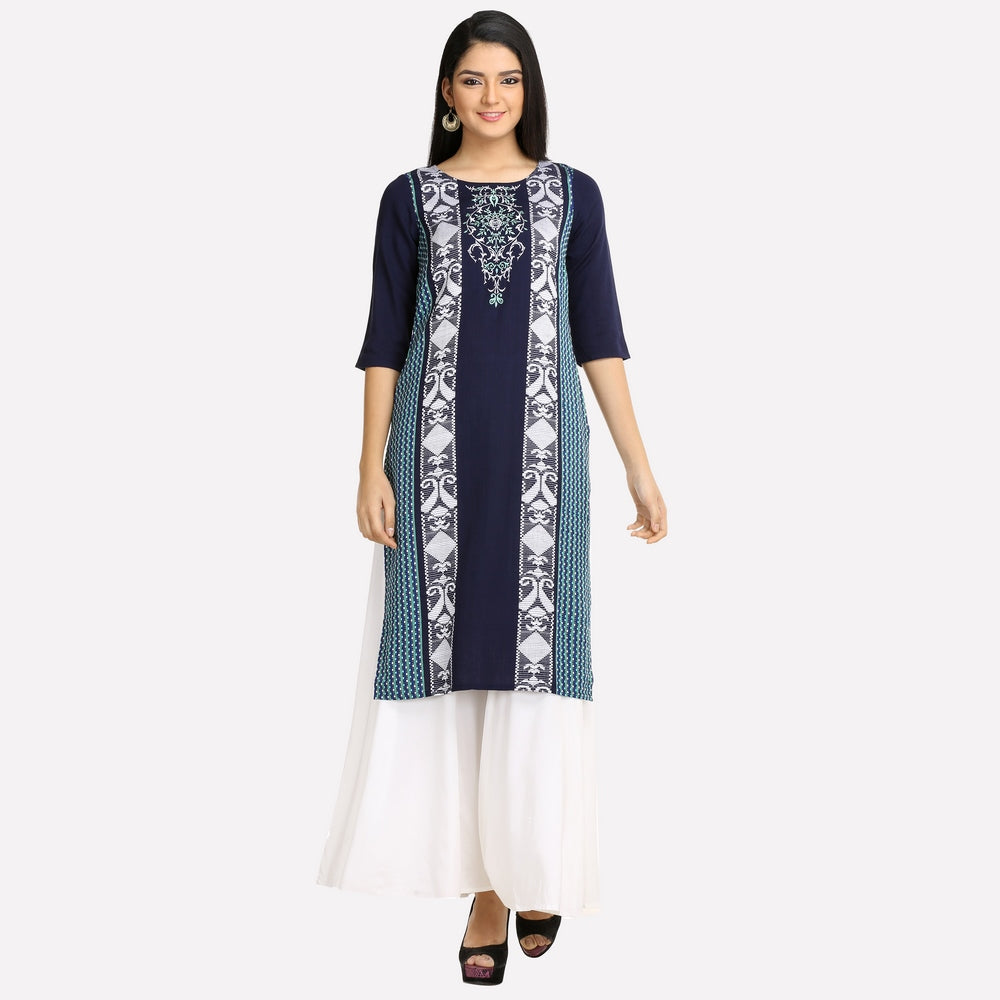 Navy Blue Round Neck 3/4 Sleeve kurta - XS