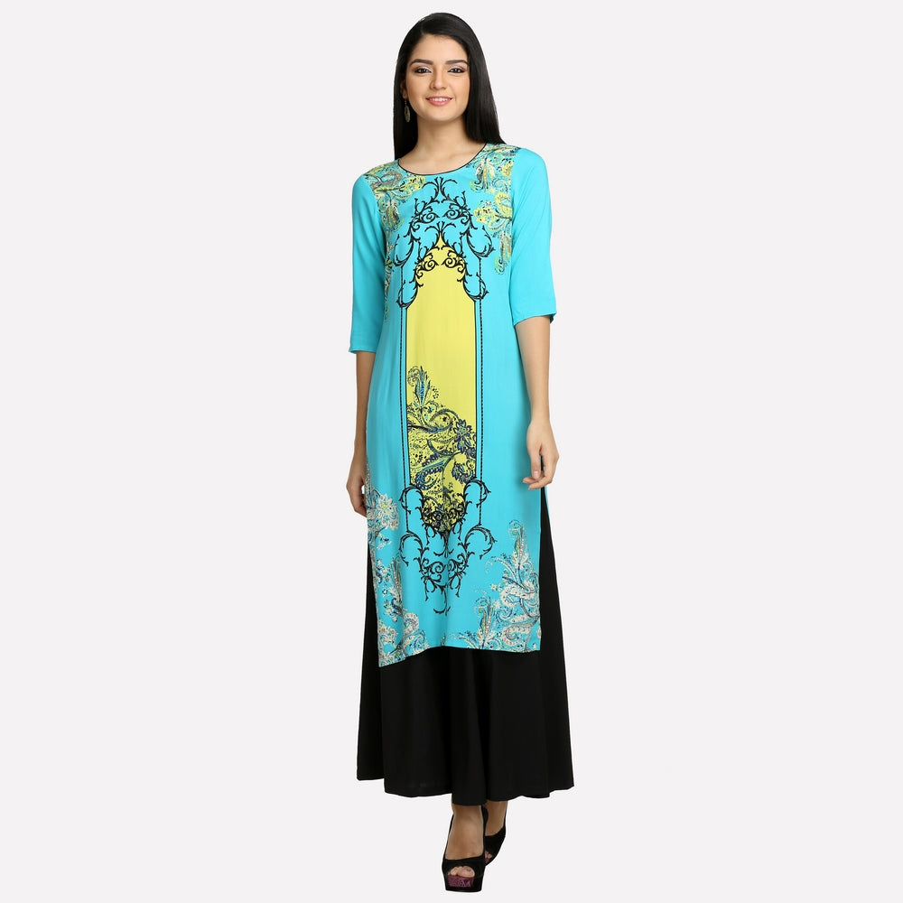 Blue Round Neck 3/4 Sleeve Printed kurta