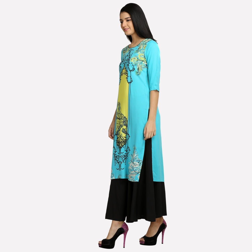 Blue Round Neck 3/4 Sleeve Printed kurta