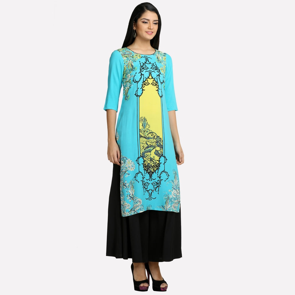 Blue Round Neck 3/4 Sleeve Printed kurta