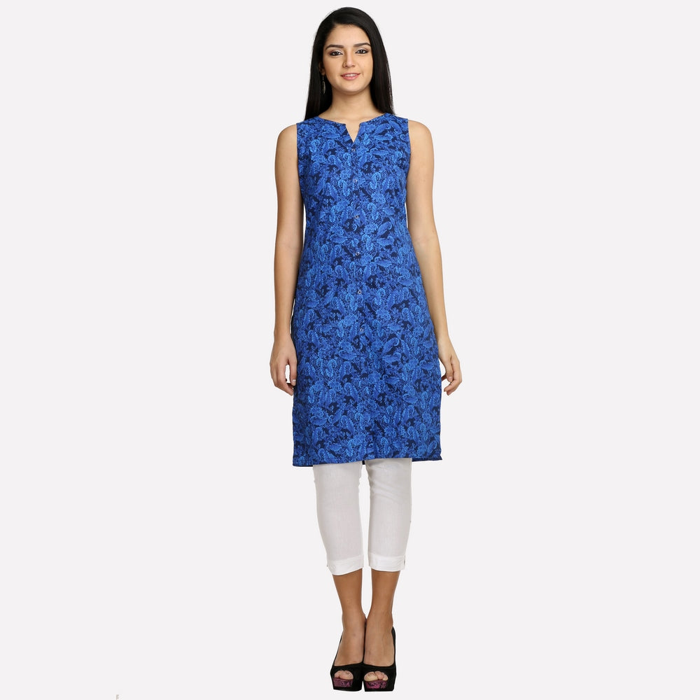 Blue Printed Sleeveless Denim kurta