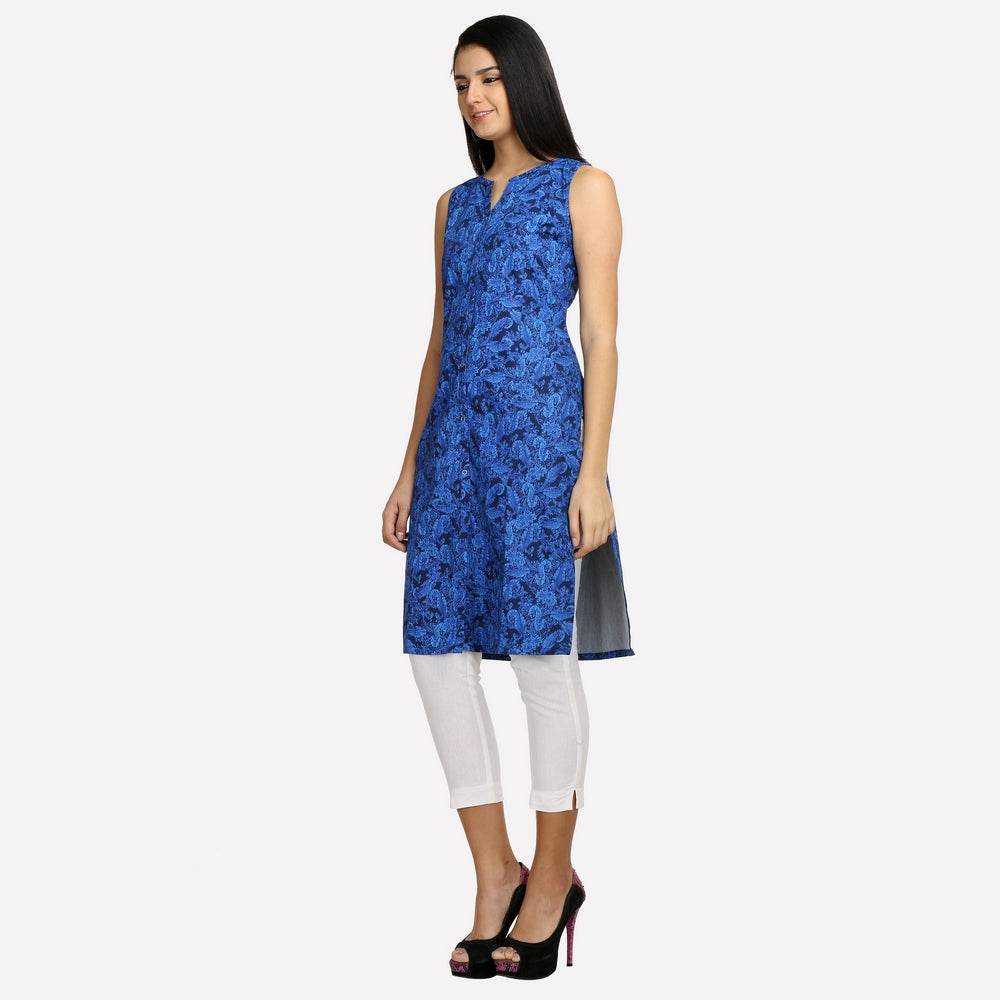 Blue Printed Sleeveless Denim kurta