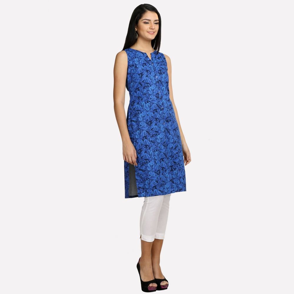 Blue Printed Sleeveless Denim kurta