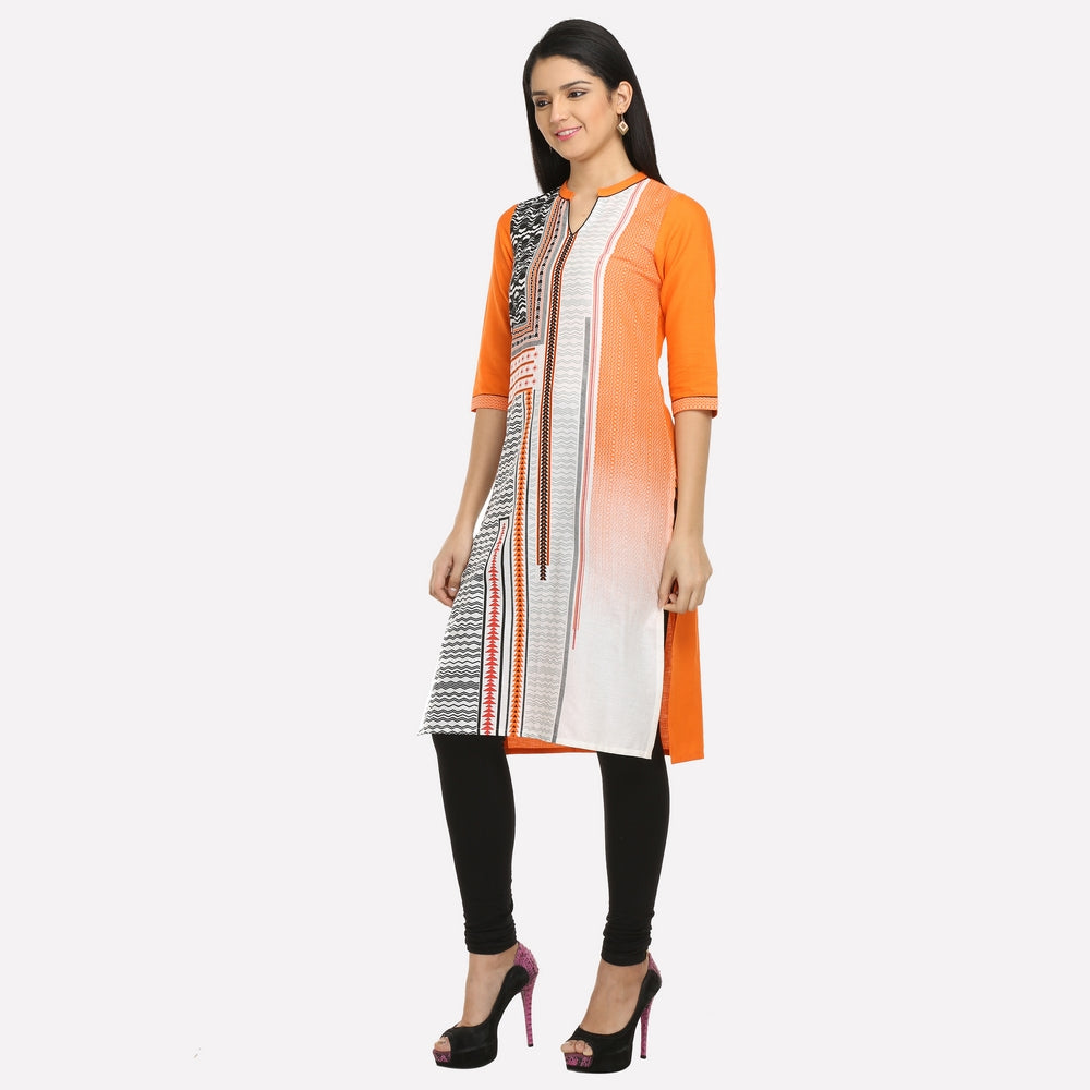 Orange 3/4 Sleeve Printed kurta