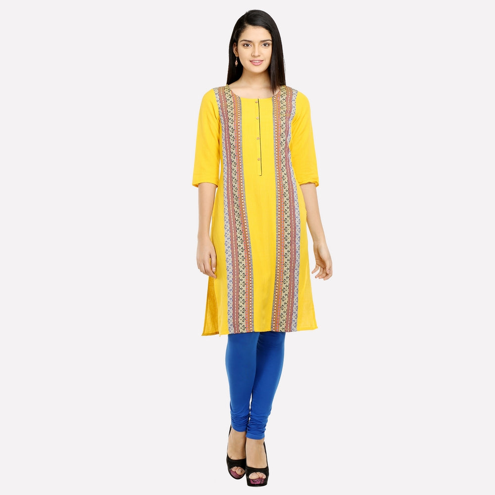 Yellow Printed 3/4 Sleeve kurta