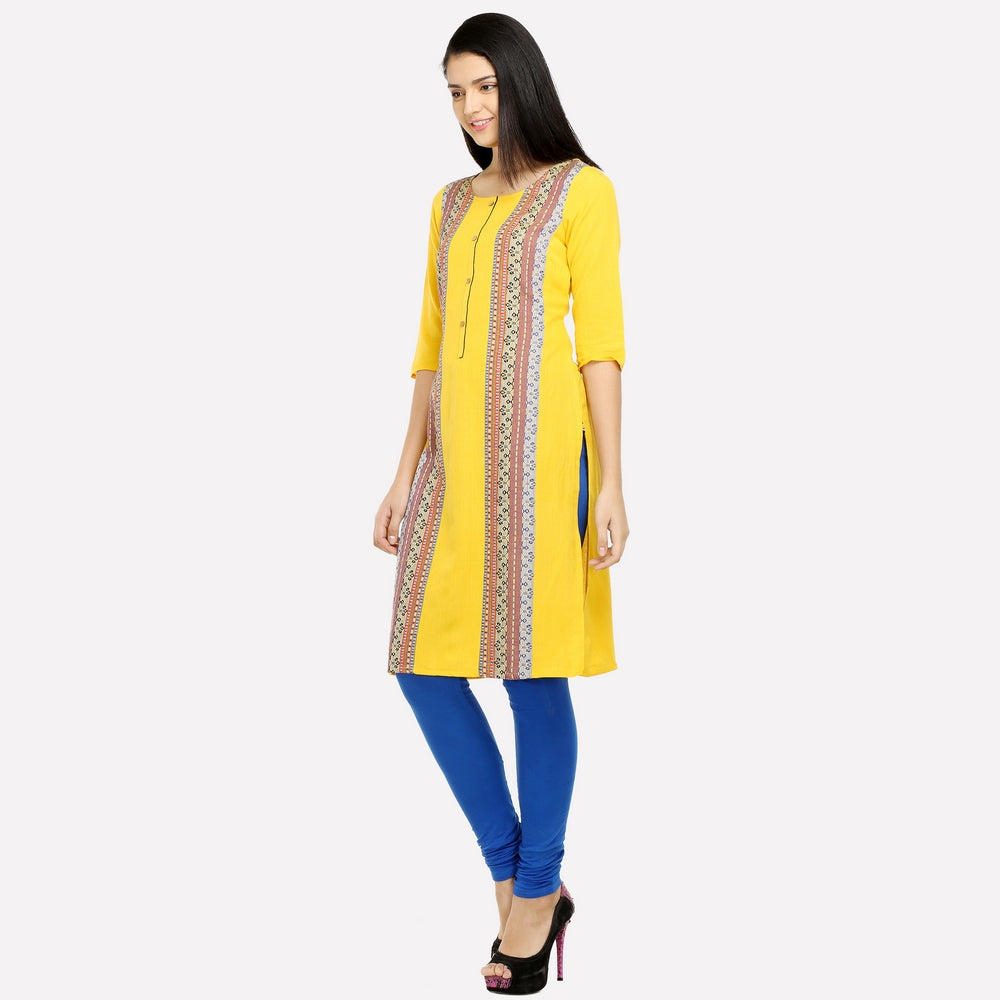 Yellow Printed 3/4 Sleeve kurta