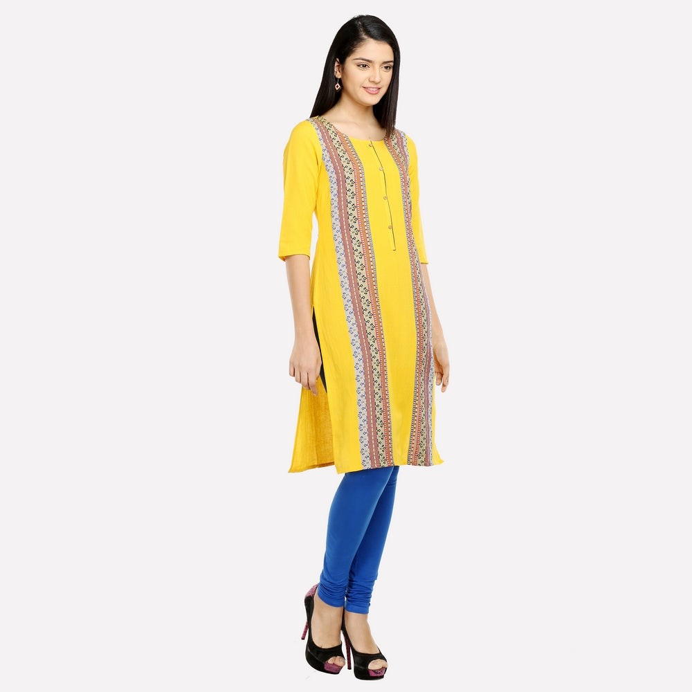 Yellow Printed 3/4 Sleeve kurta