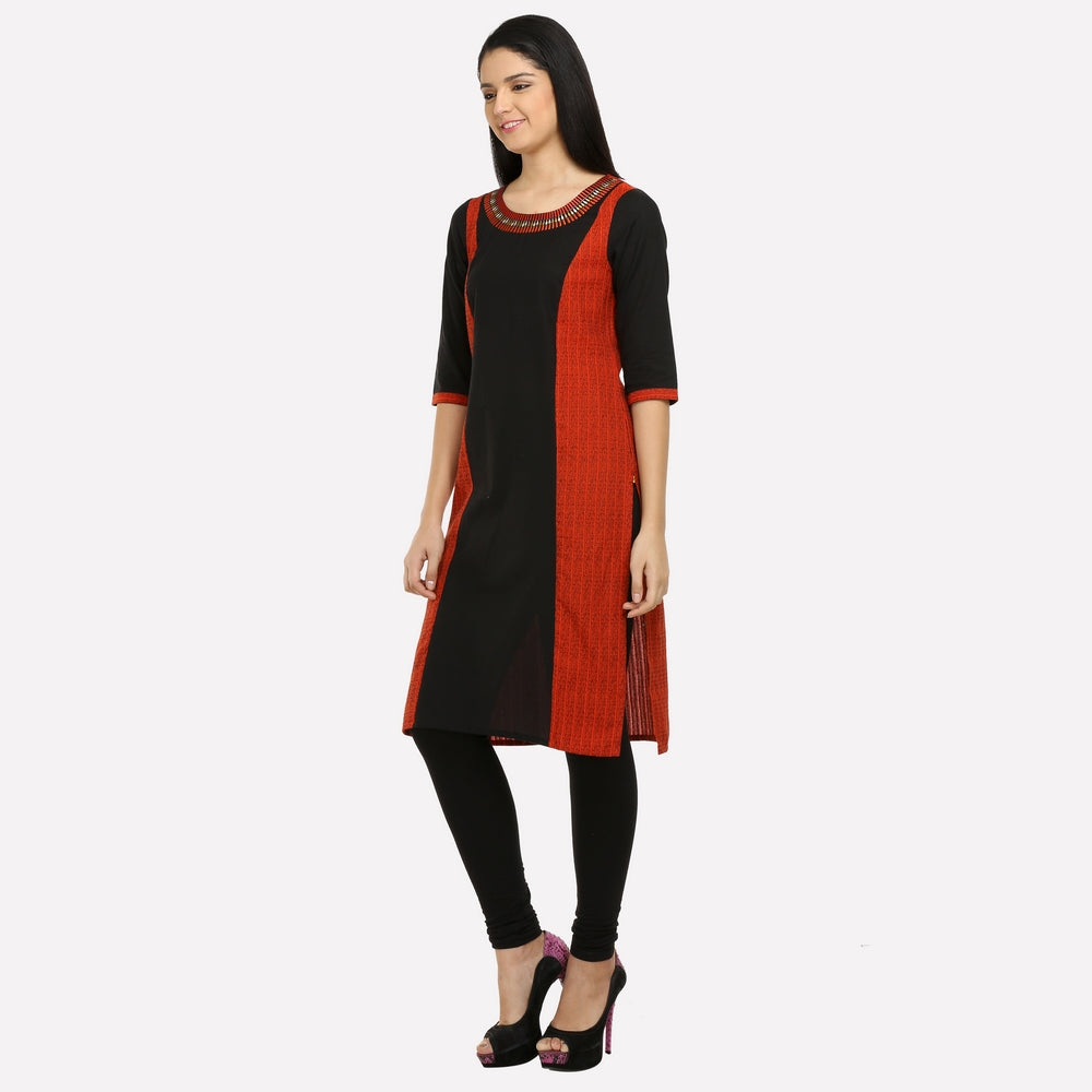 Brick Red &amp; Black Colorblock Printed kurta