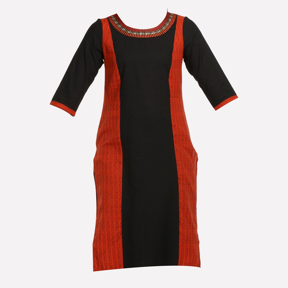 Brick Red &amp; Black Colorblock Printed kurta