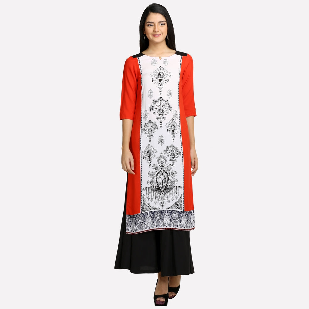 Red &amp; White Colorblocked 3/4 Sleeve kurta