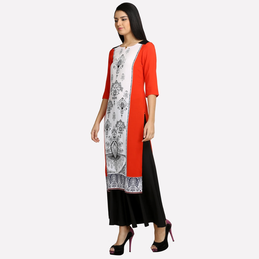 Red &amp; White Colorblocked 3/4 Sleeve kurta