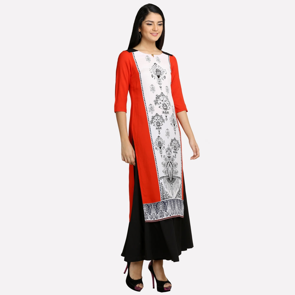 Red &amp; White Colorblocked 3/4 Sleeve kurta