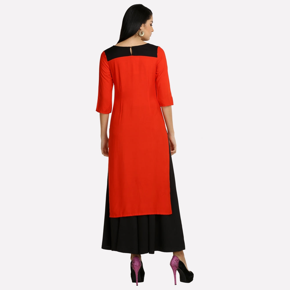 Red &amp; White Colorblocked 3/4 Sleeve kurta