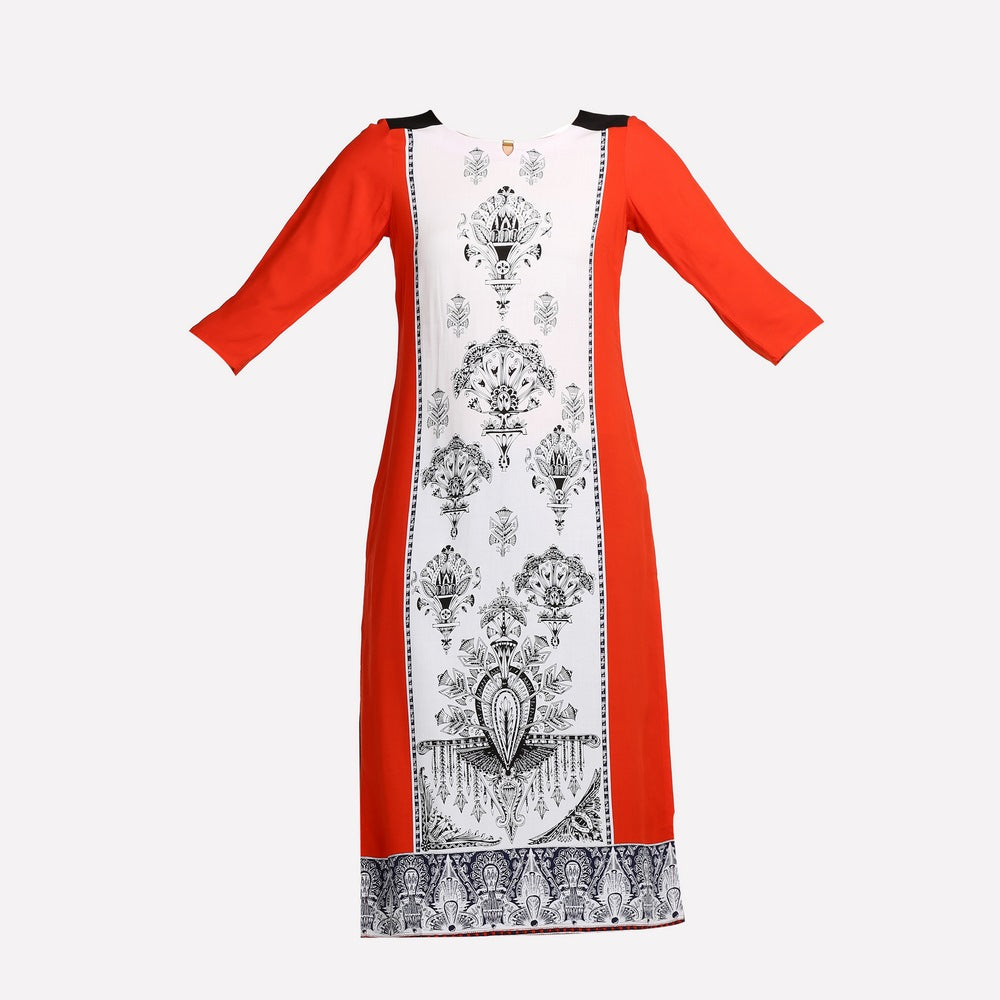 Red &amp; White Colorblocked 3/4 Sleeve kurta