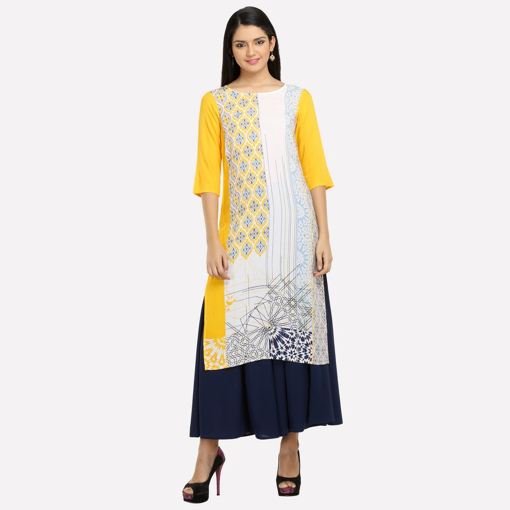 Yellow Boat Neck Printed kurta