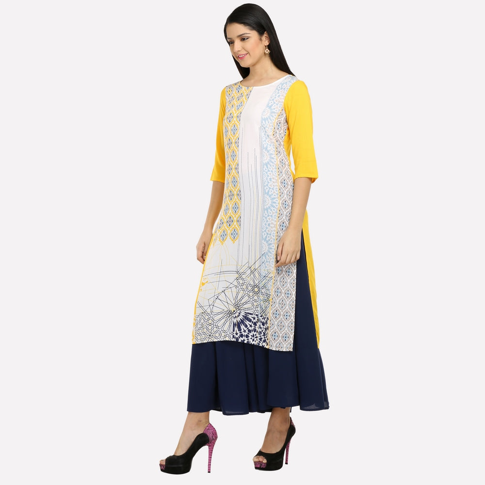 Yellow Boat Neck Printed kurta