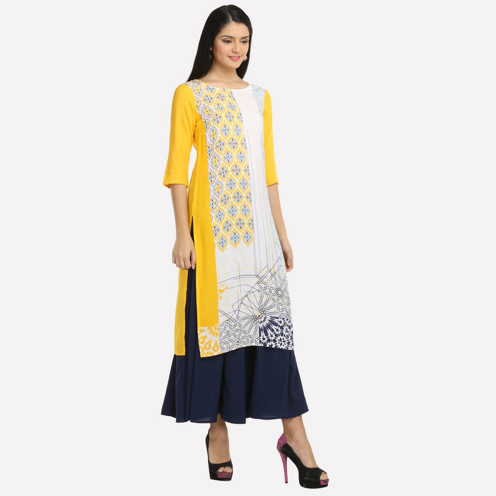 Yellow Boat Neck Printed kurta