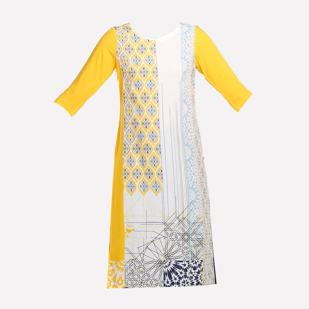 Yellow Boat Neck Printed kurta