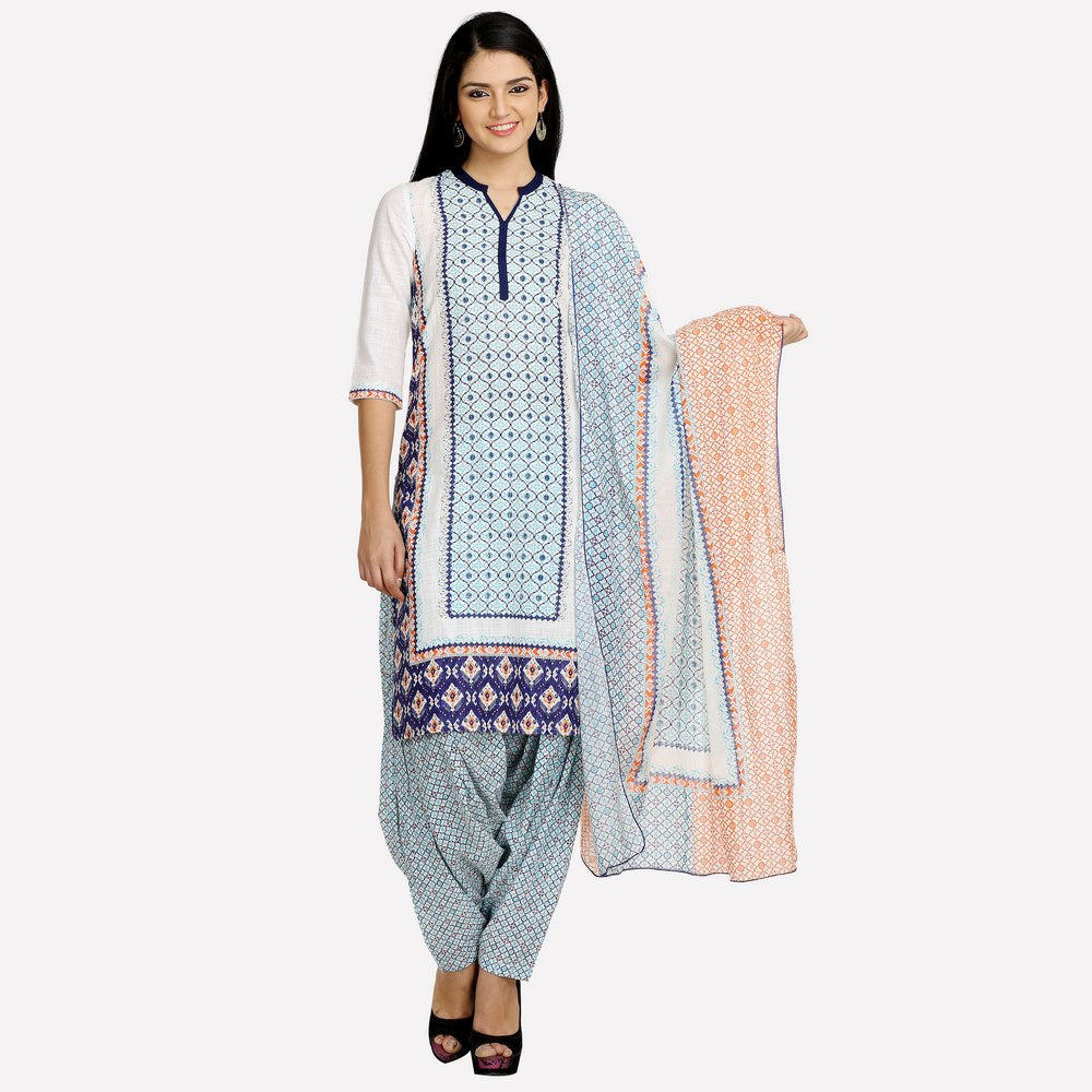 White Mandarin Neck 3/4 Sleeve Printed kurta