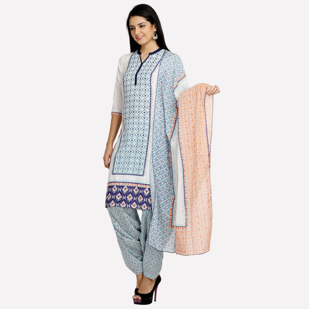 White Mandarin Neck 3/4 Sleeve Printed kurta