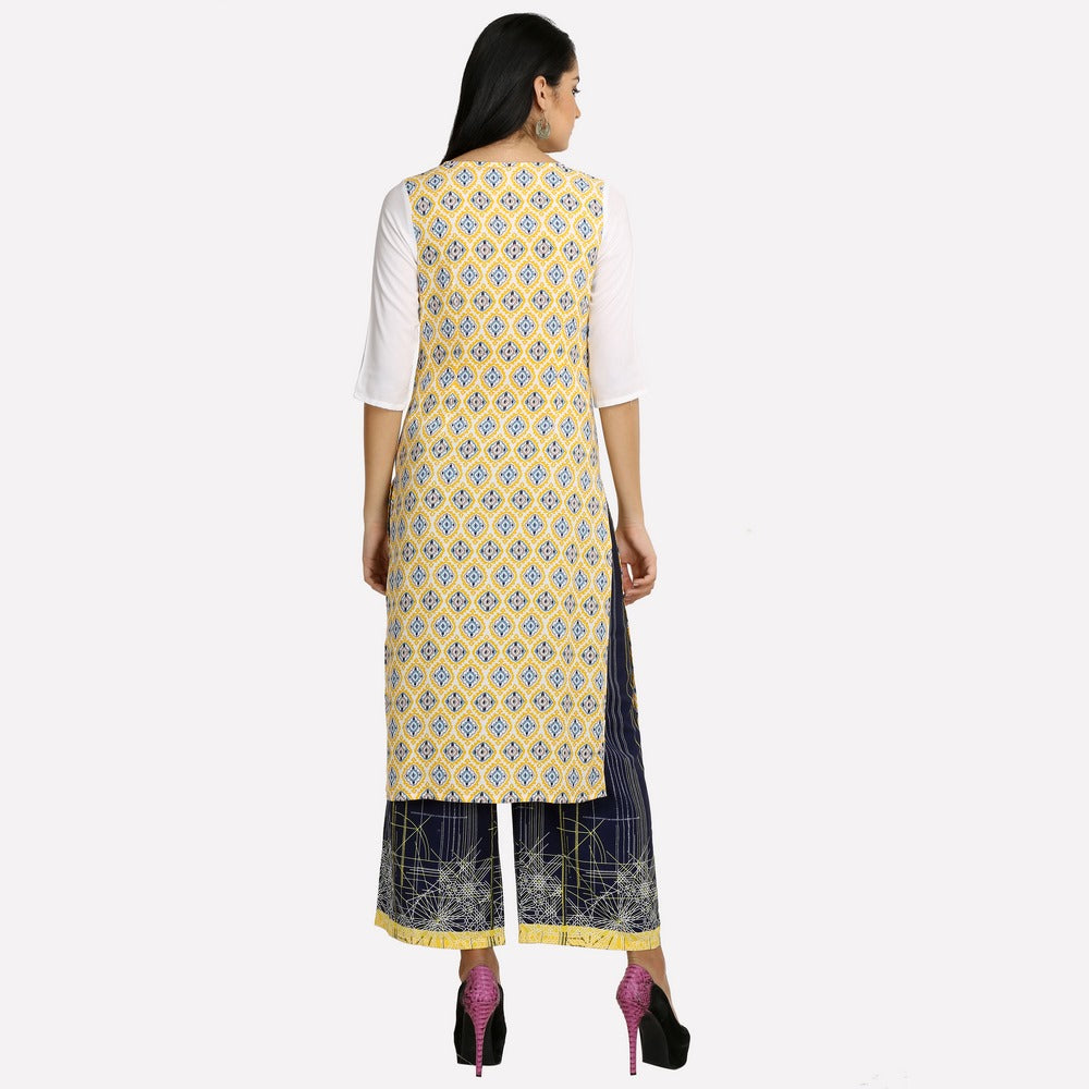 White Round Neck 3/4 Sleeve Printed kurta