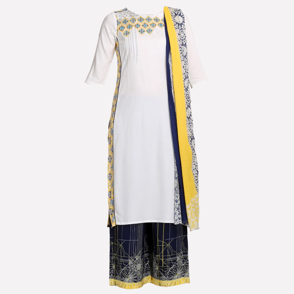 White Round Neck 3/4 Sleeve Printed kurta