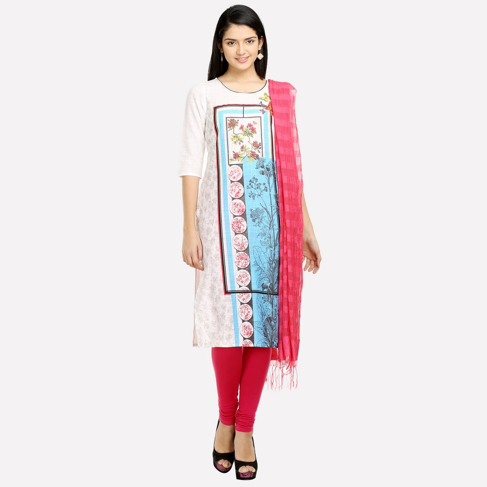 White Round Neck Printed kurta