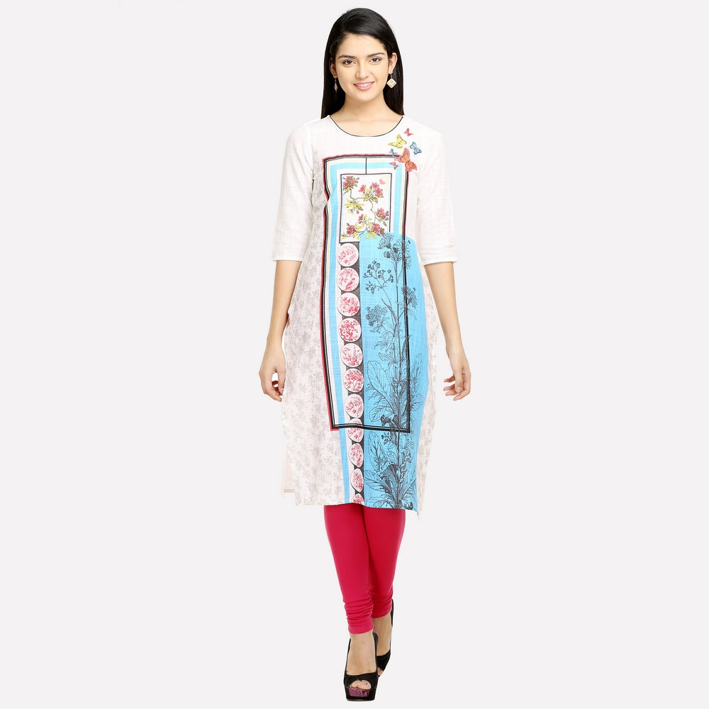 White Round Neck Printed kurta