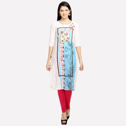 White Round Neck Printed kurta