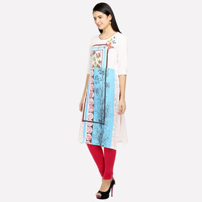 White Round Neck Printed kurta