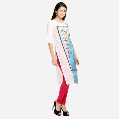 White Round Neck Printed kurta