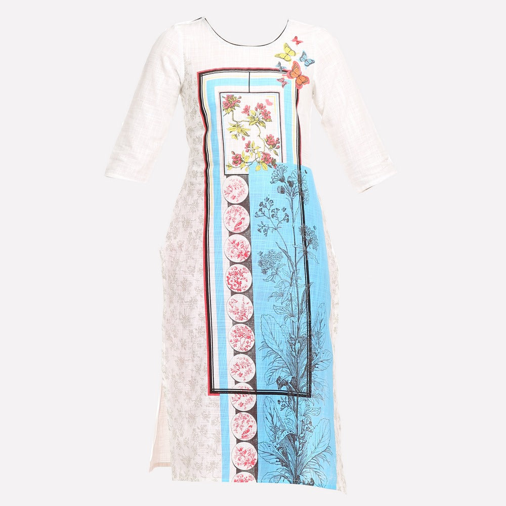 White Round Neck Printed kurta