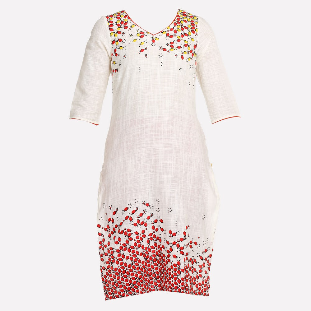 White V Neck Geometric Print kurta
