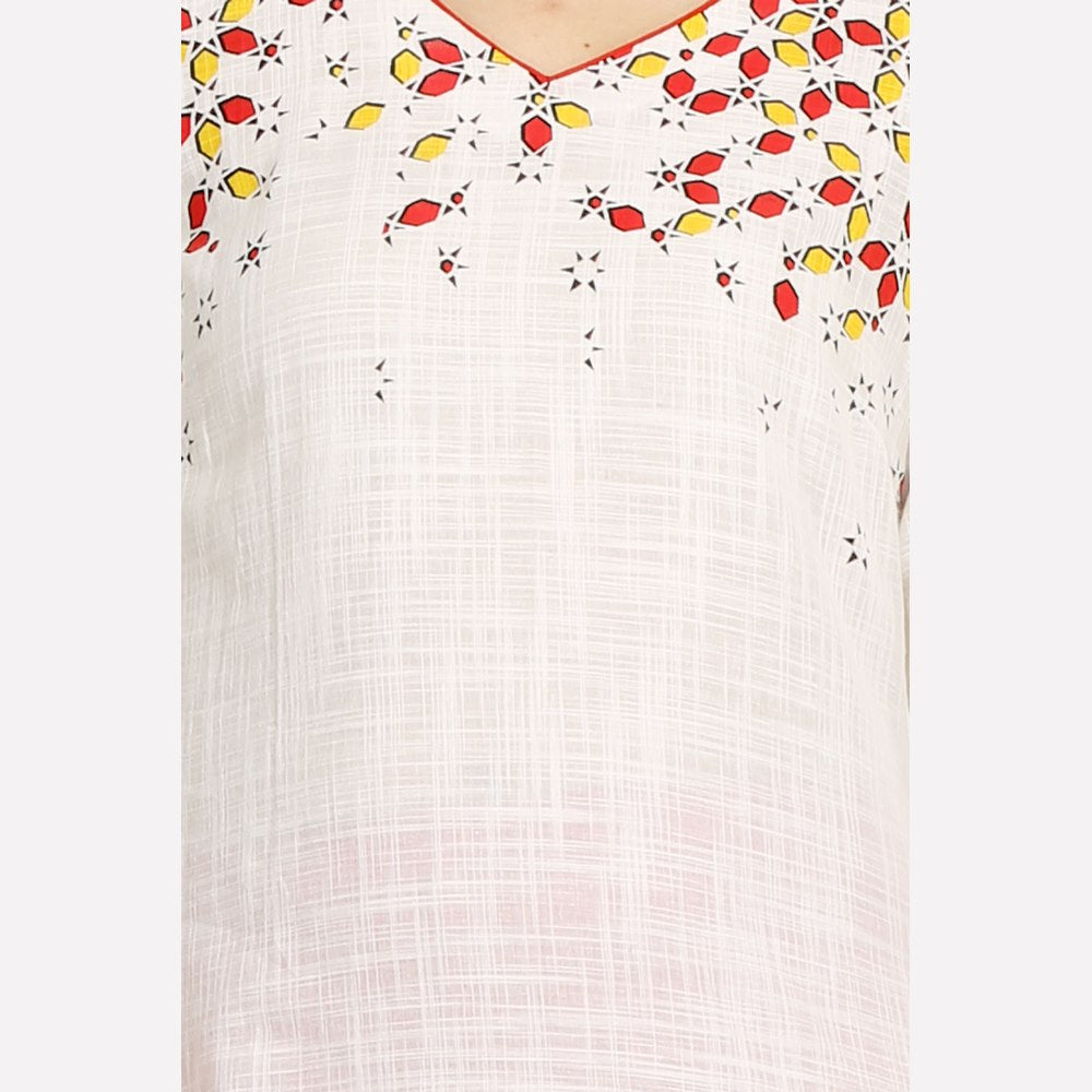 White V Neck Geometric Print kurta
