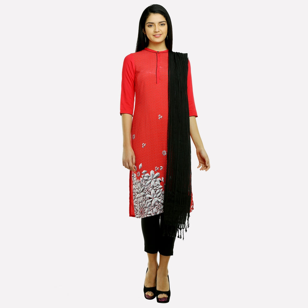 Red 3/4 Sleeve Geometric Print kurta