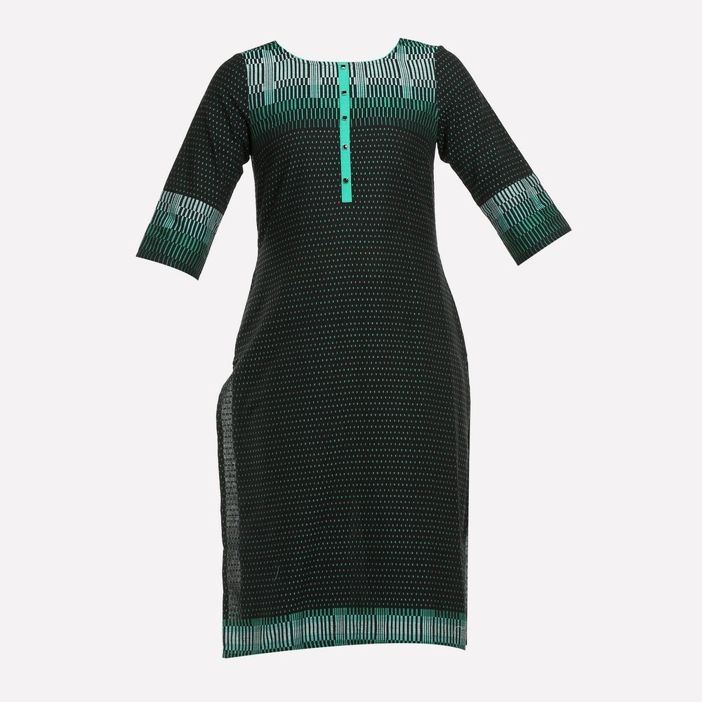 Black &amp; Green 3/4 Sleeve Printed kurta