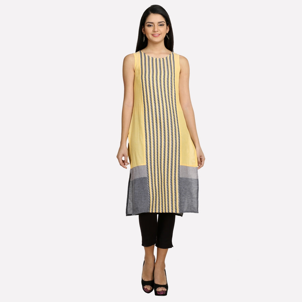 Yellow Printed Sleeveless kurta