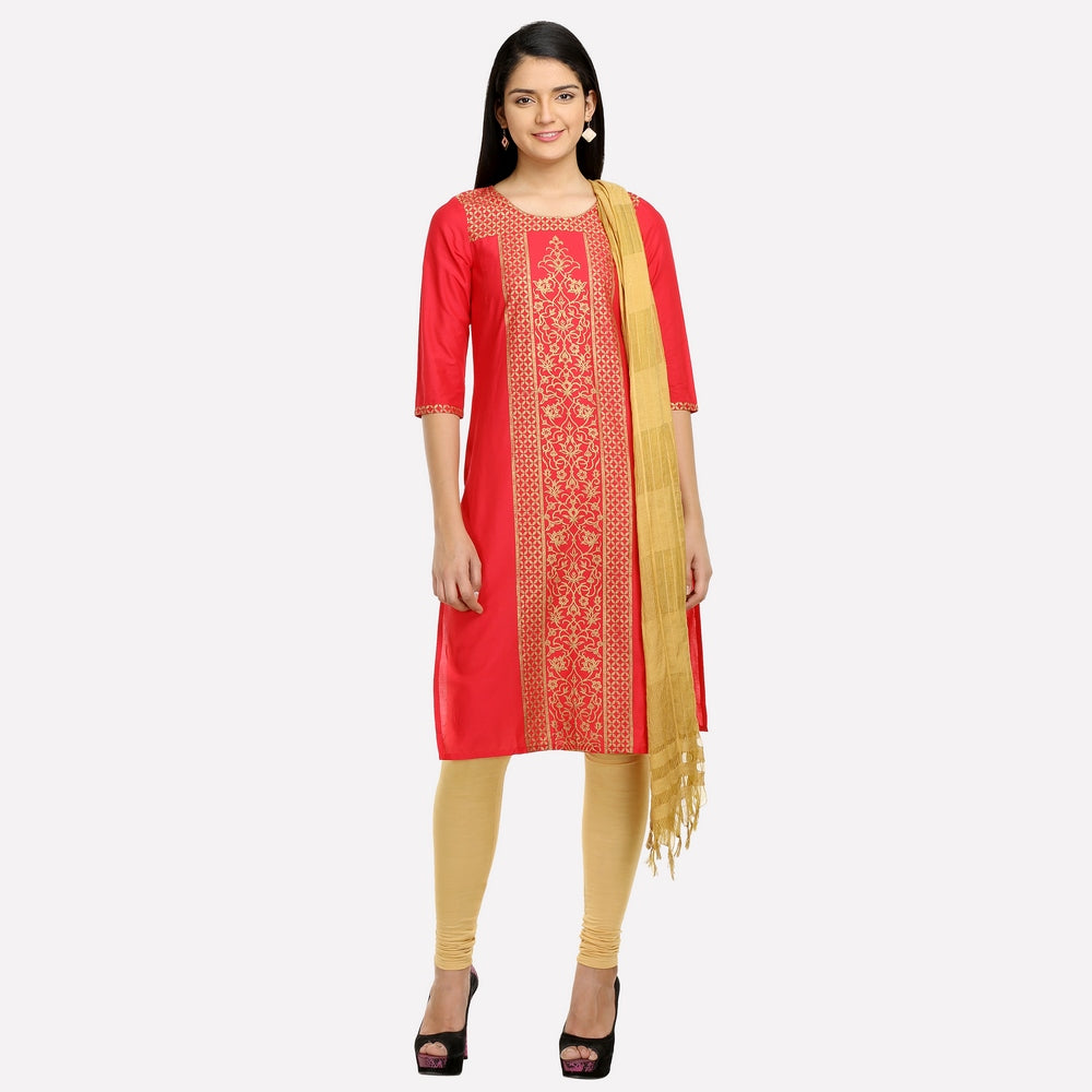 Red &amp; Gold-Toned Printed 3/4 Sleeve kurta