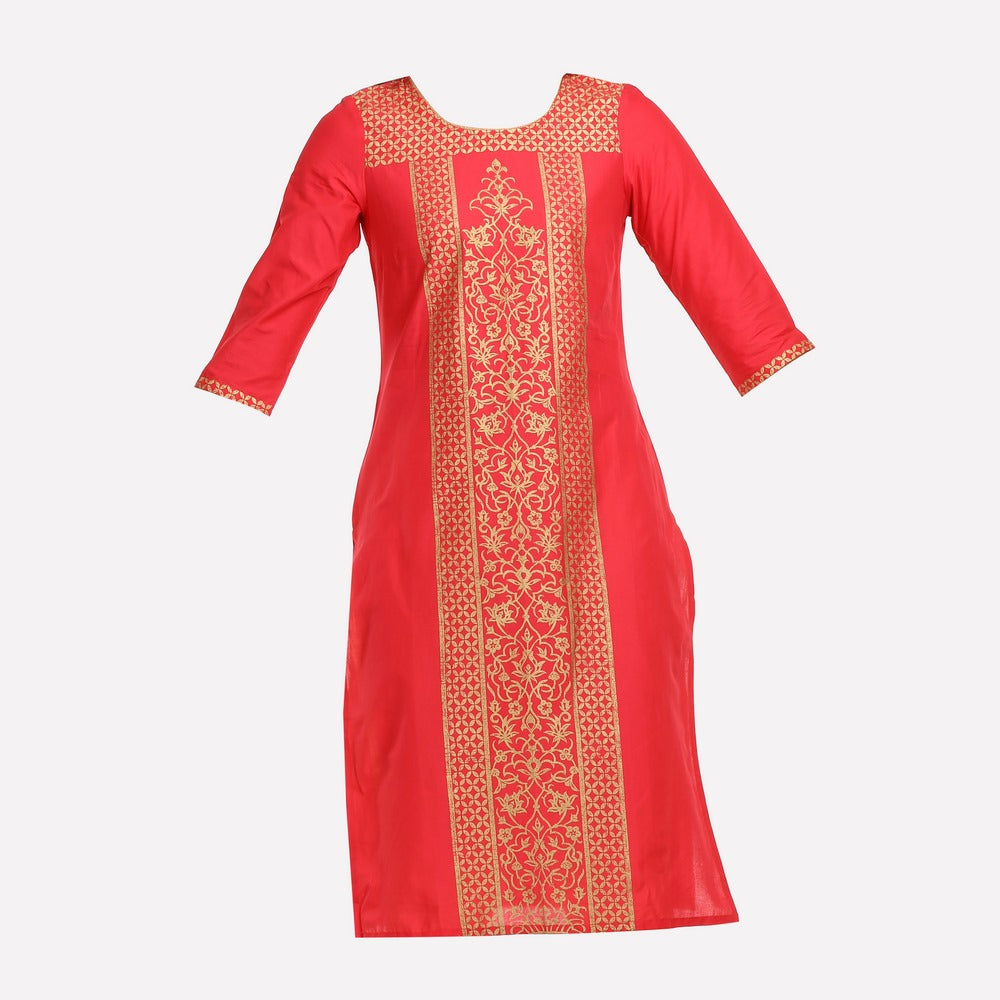 Red &amp; Gold-Toned Printed 3/4 Sleeve kurta