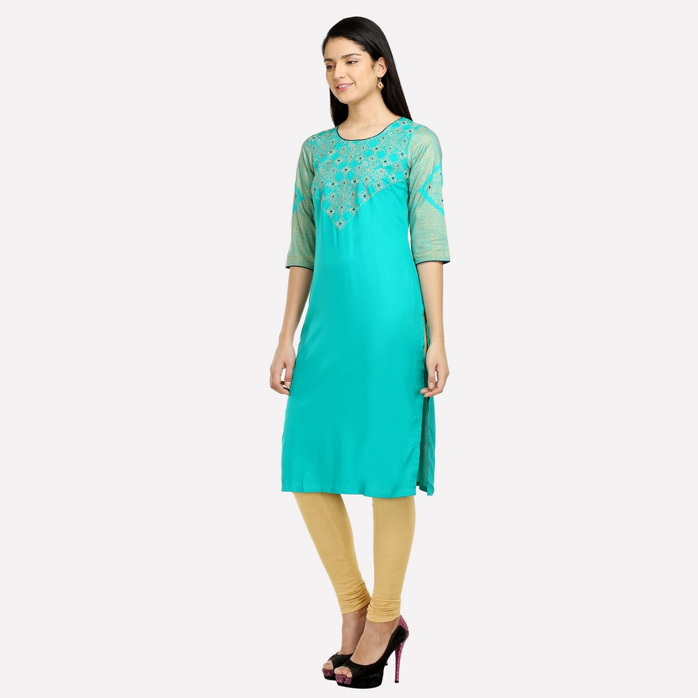 Green Round Neck Printed kurta