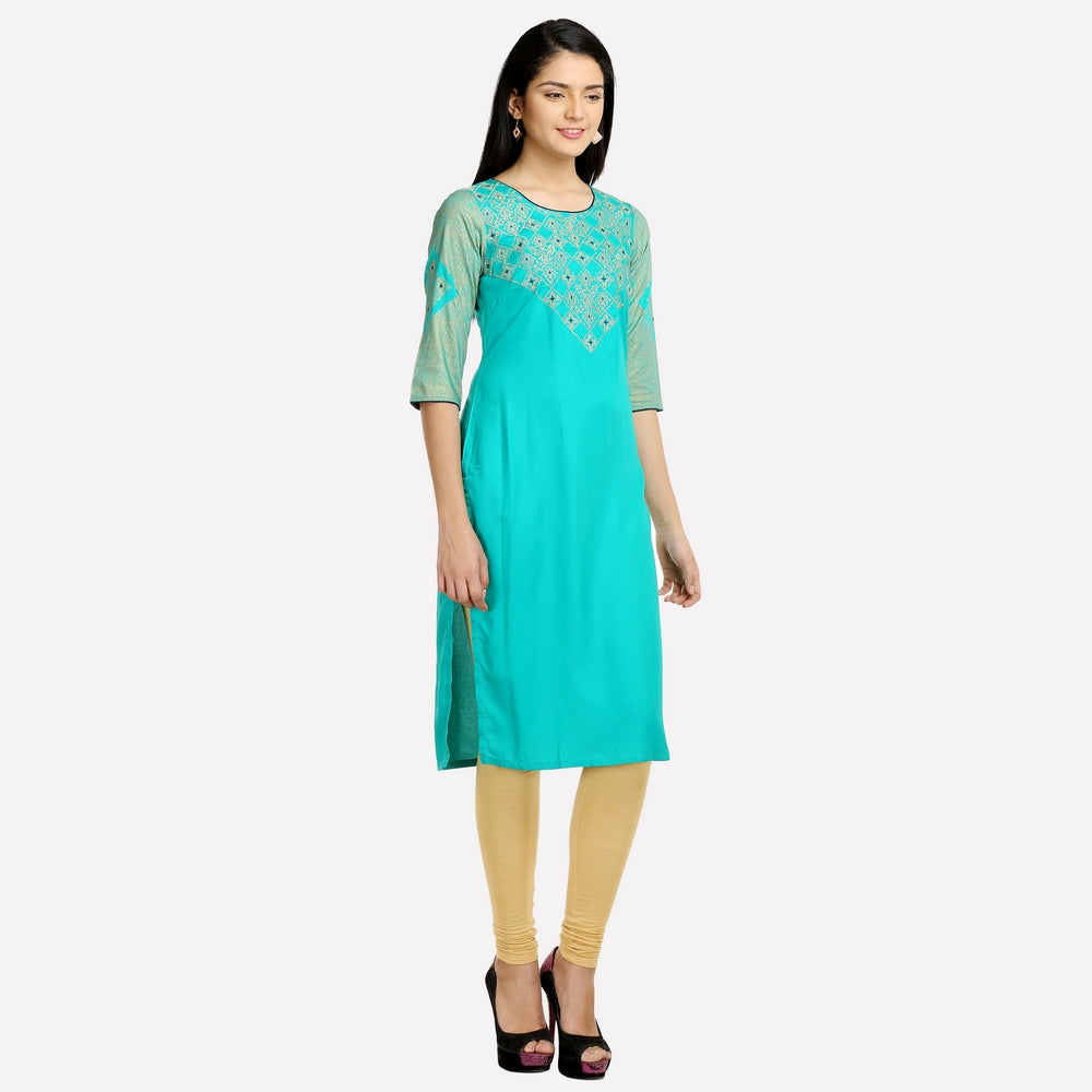 Green Round Neck Printed kurta