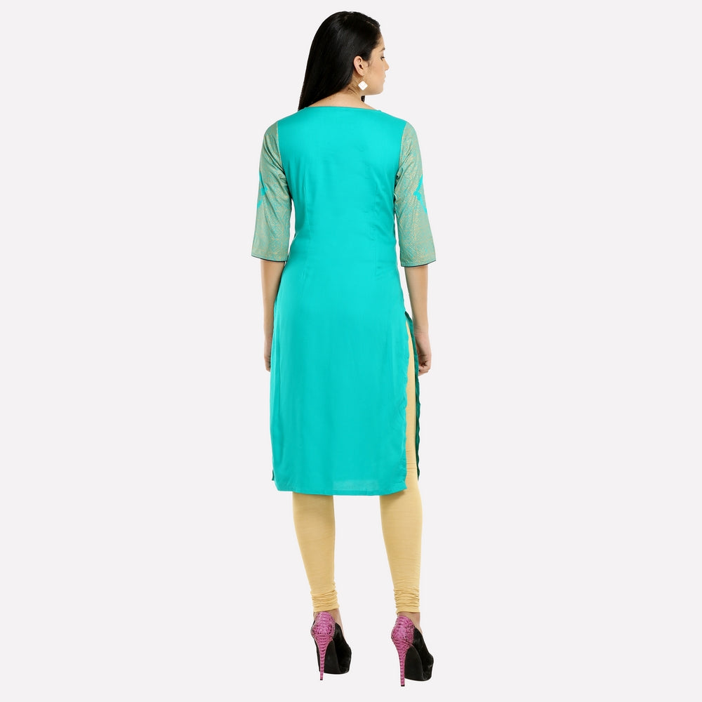 Green Round Neck Printed kurta