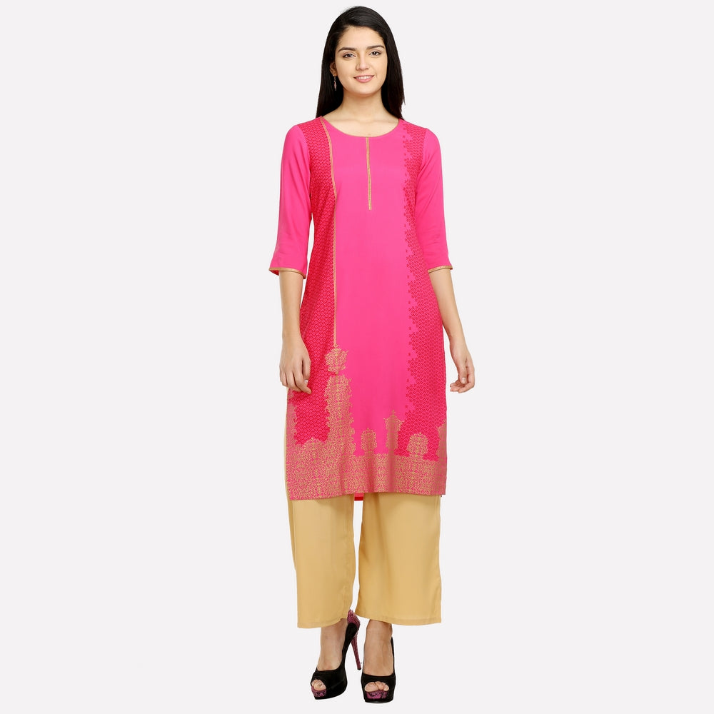 Pink Round Neck Printed 3/4 Sleeve kurta