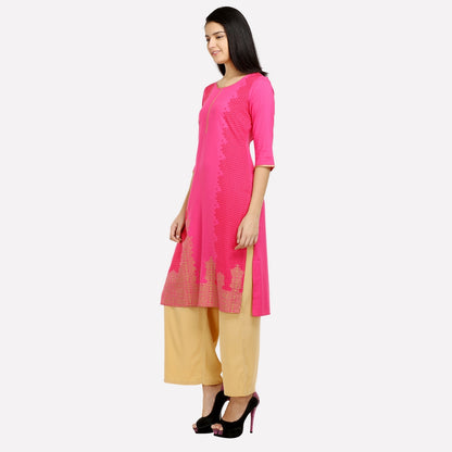 Pink Round Neck Printed 3/4 Sleeve kurta